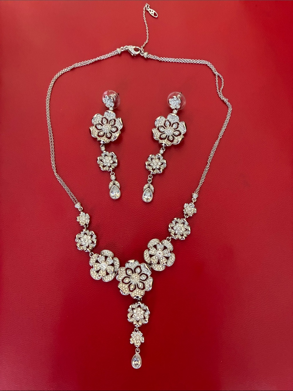 Nadri Silver Floral Crystal Bib Necklace with Matching Drop Earrings